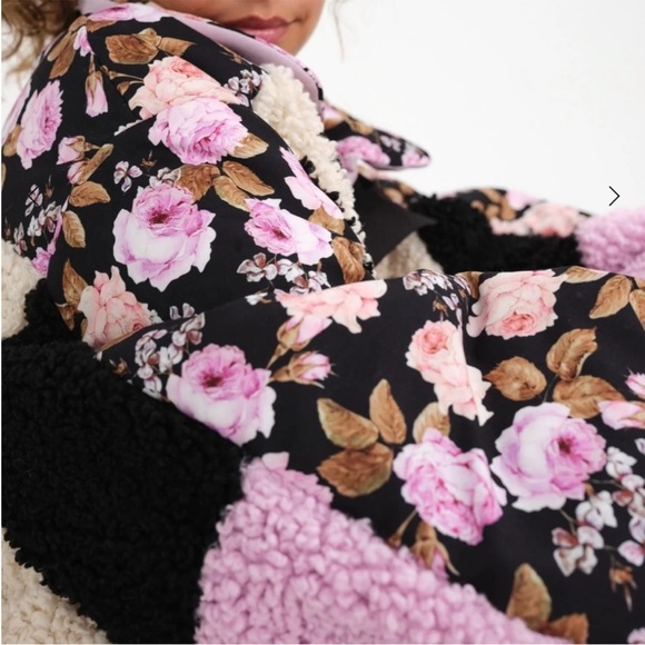 For Love and Lemons Cozy Zip-Up Jacket Colorblock floral stand collar Teddy bear - Picture 5 of 12